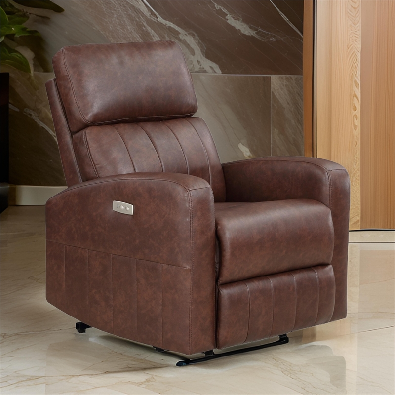 Eva 38 Inch Power Lift Recliner Chair- Brown Faux Leather- Solid Wood