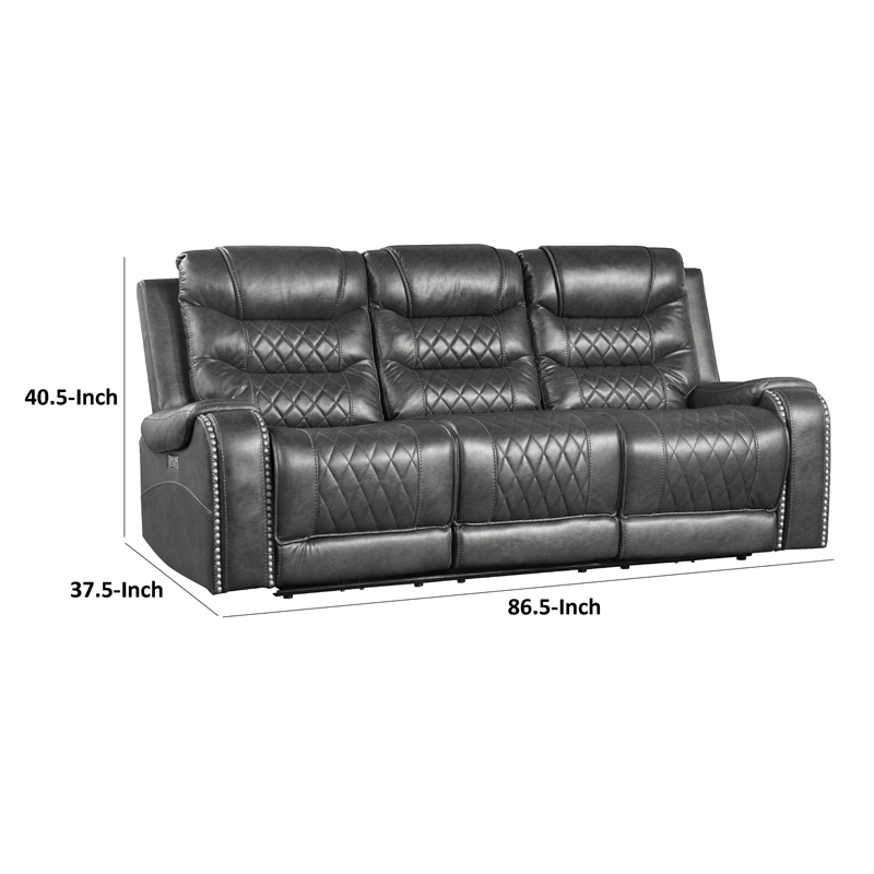 Paul Power Recliner Sofa- 87 Inch- Gray Faux Leather- Drop Down Table