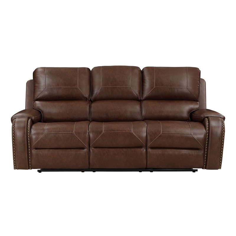 Dean 87 Inch Dual Manual Recliner Sofa- Cupholders- Brown Faux Leather