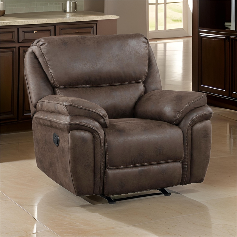 Tony 45 Inch Manual Recliner Chair- Cushioned Brown Microfiber- Solid Wood