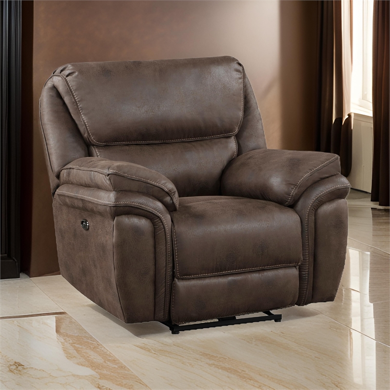 Tony 45 Inch Power Recliner Chair- Brown Microfiber- Solid Wood- USB Port