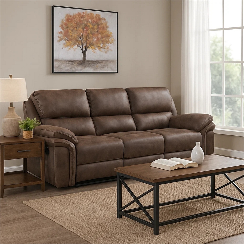Tony 90 Inch Double Manual Recliner Sofa- Brown Microfiber- Solid Wood