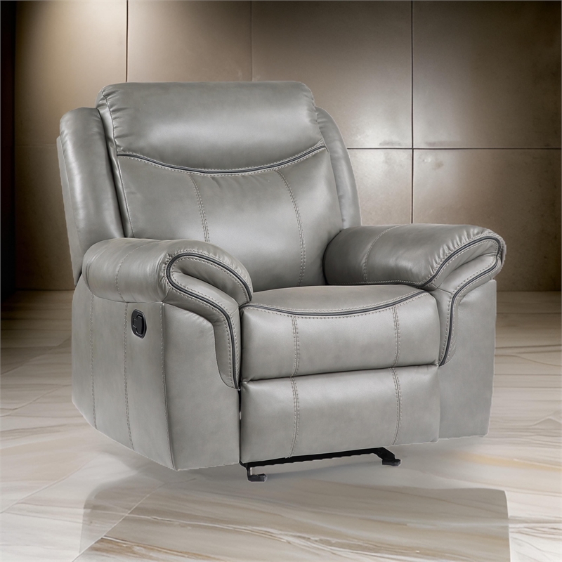 Max 42 Inch Manual Recliner Chair- Gray Faux Leather- Solid Wood- Metal