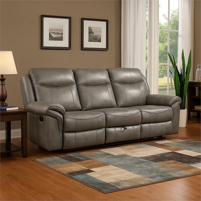 Max 80 Inch Dual Manual Recliner Sofa- Cupholders- USB- Gray Faux Leather