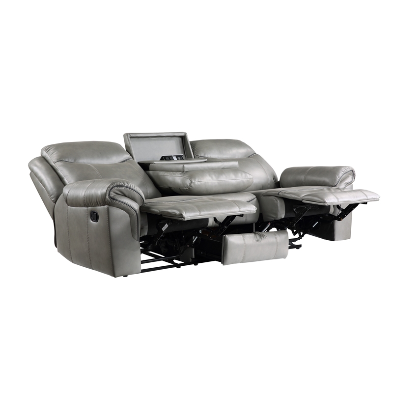 Max 80 Inch Dual Manual Recliner Sofa- Cupholders- USB- Gray Faux Leather