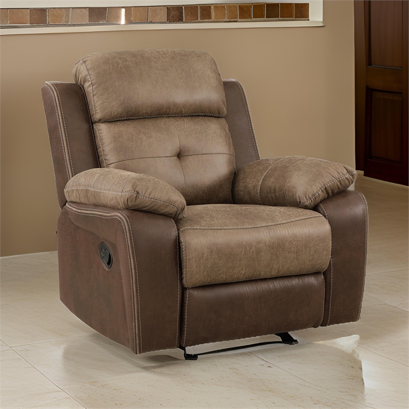 Emma 38 Inch Manual Glider Recliner Chair- Brown Microfiber- Solid Wood