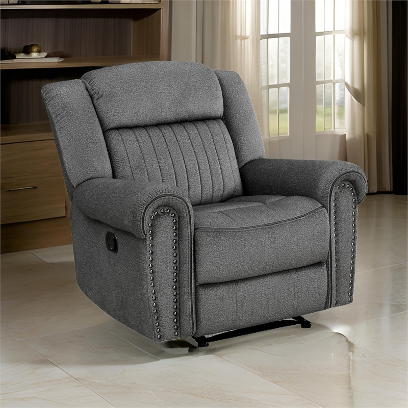 Ben 38 Inch Manual Recliner Chair- Gray Microfiber- Plush Foam- Solid Wood