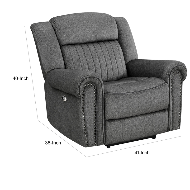 Ben 38 Inch Power Recliner Chair- Soft Cushions Gray Microfiber- Solid Wood