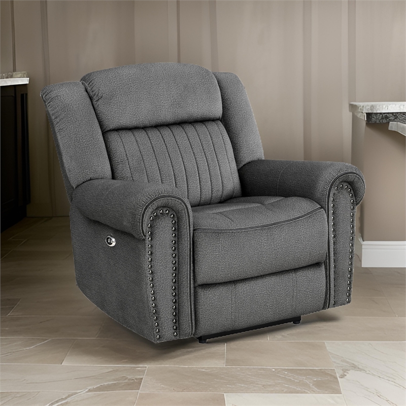 Ben 38 Inch Power Recliner Chair- Soft Cushions Gray Microfiber- Solid Wood