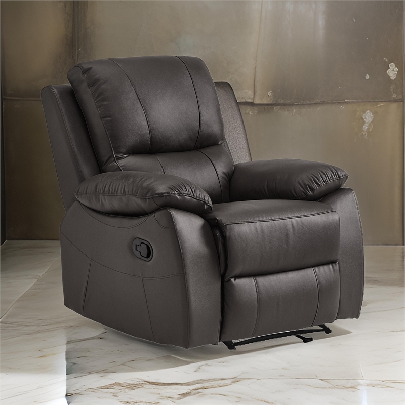 Drake 39 Inch Manual Recliner Chair- Soft Brown Faux Leather- Solid Wood