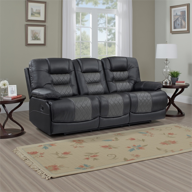 Liam 88 Inch Manual Recliner Sofa- Drop Table Cupholders- Gray Faux Leather