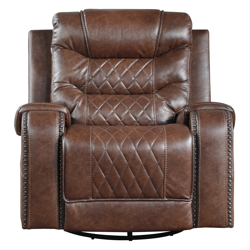 Paul 38 Inch Manual Swivel Glider Recliner Chair- Brown Faux Leather