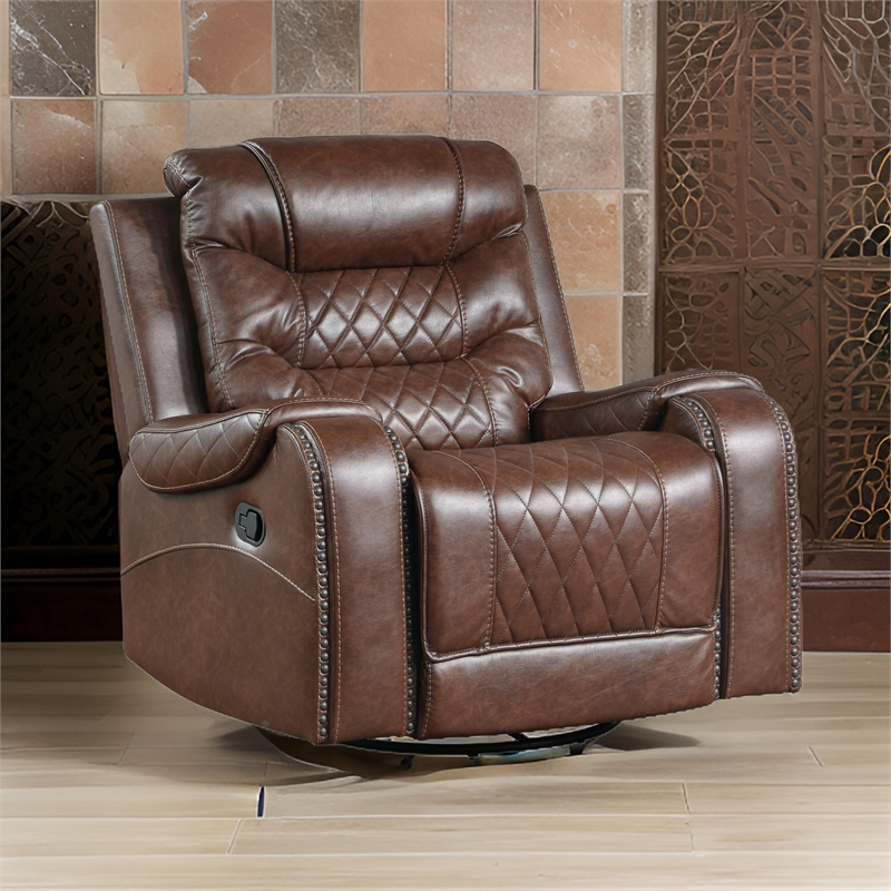 Paul 38 Inch Manual Swivel Glider Recliner Chair- Brown Faux Leather