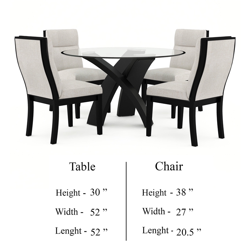 Moi 5pc Dining Table and Chair Set- 52 Inch Round Glass- White Black