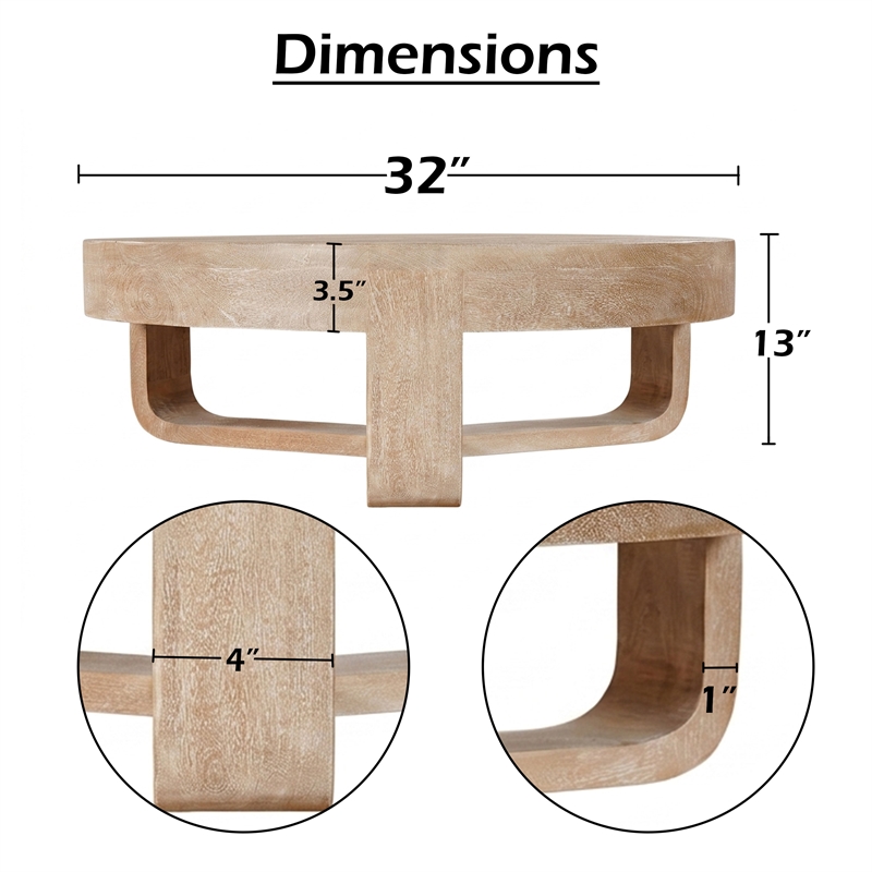 Milan Coffee Table- 32 Inch Round Top- Mango Wood - Open Sled Base