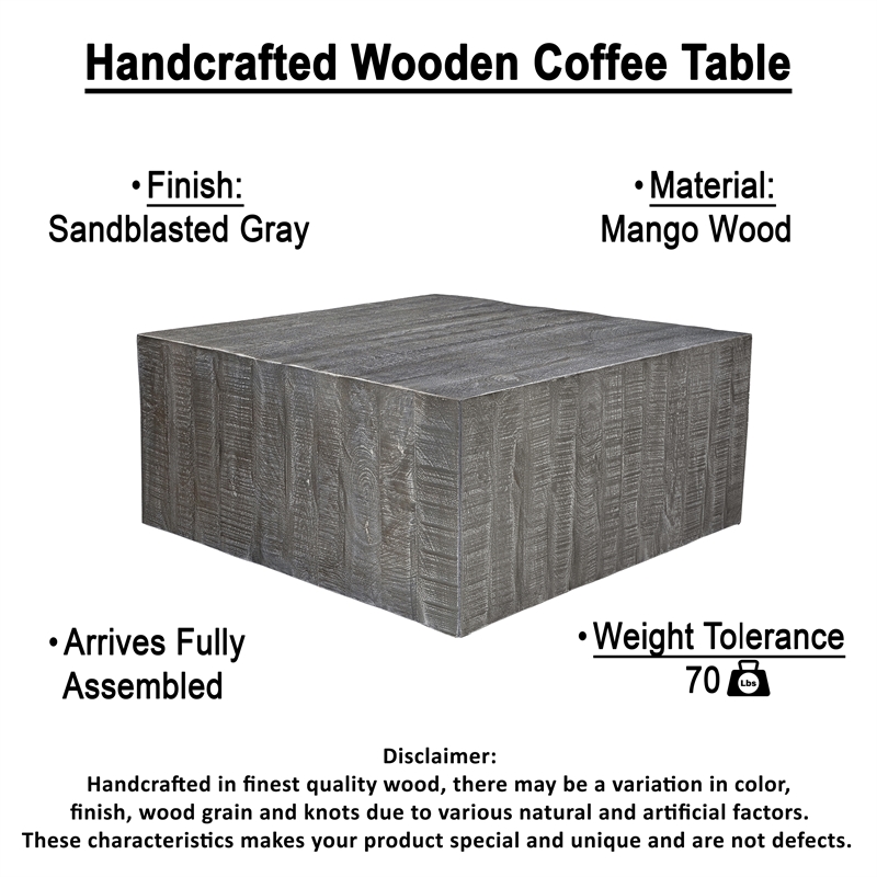Rydan Coffee Table - 33 Inch Square Block Top - Mango Wood