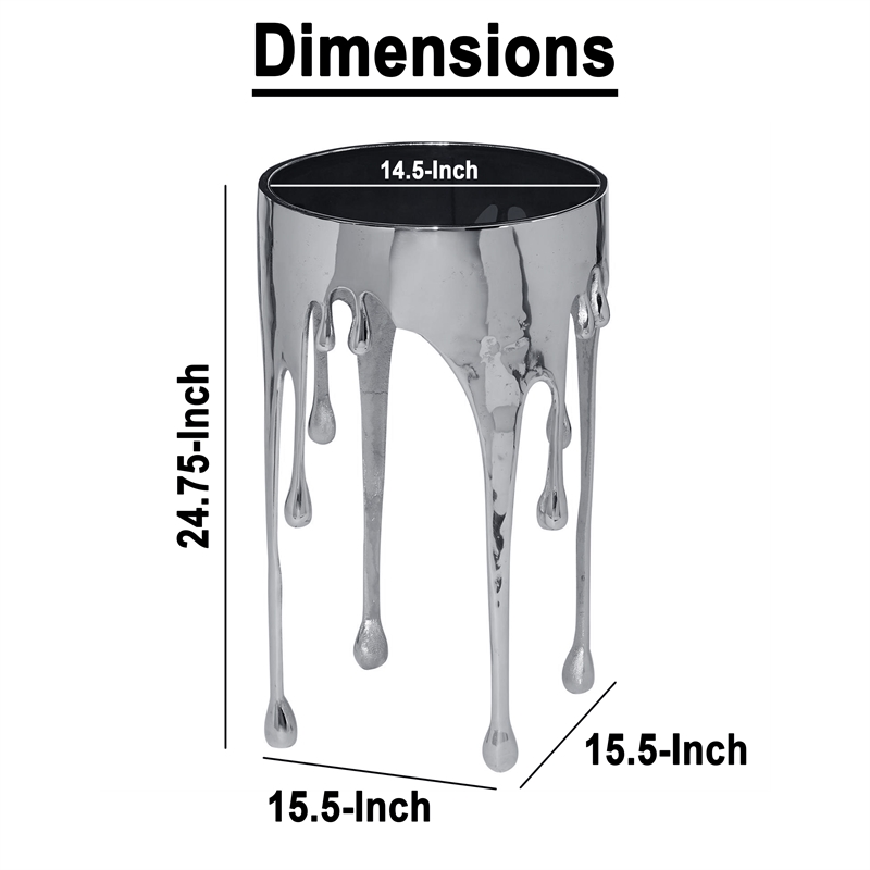 Capri Side End Table - 24.75 Inch Round Glass Top - Melting Drip Design - Silver