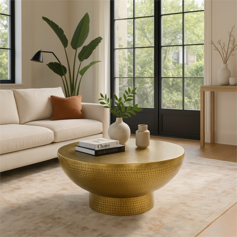 Orion Coffee Table - 32 Inch Round Martini Glass Shape - Hammered Finish