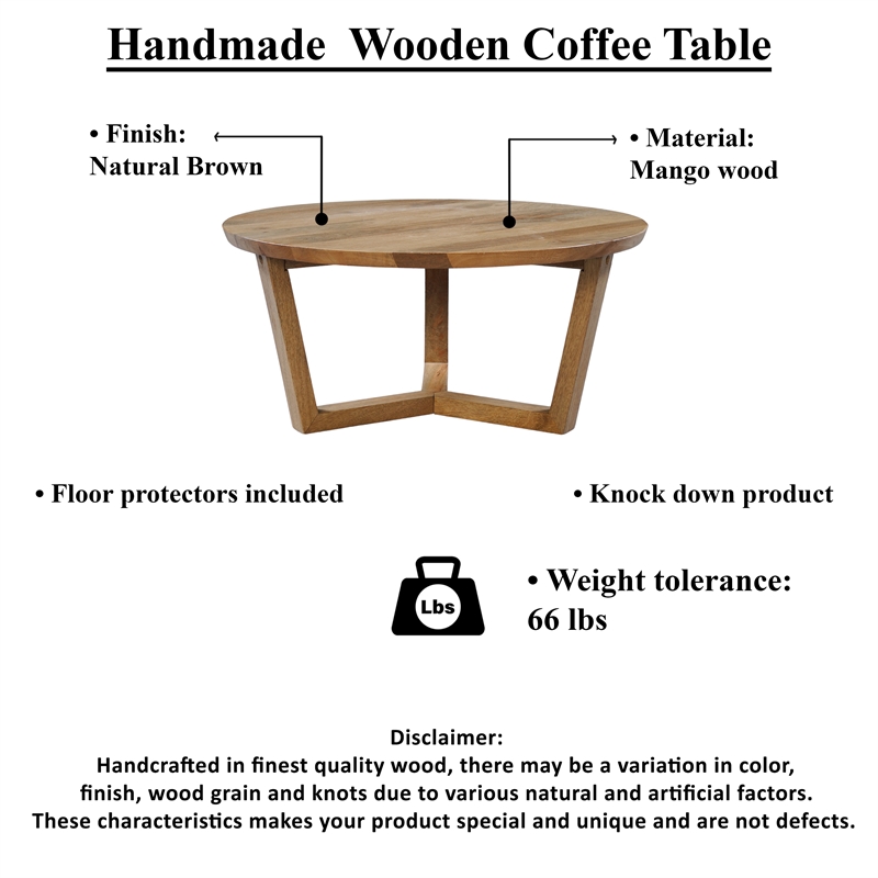 Nina 30 inch Round Mango Wood Coffee Table - Handcrafted- Sturdy 3-Leg Sled Base