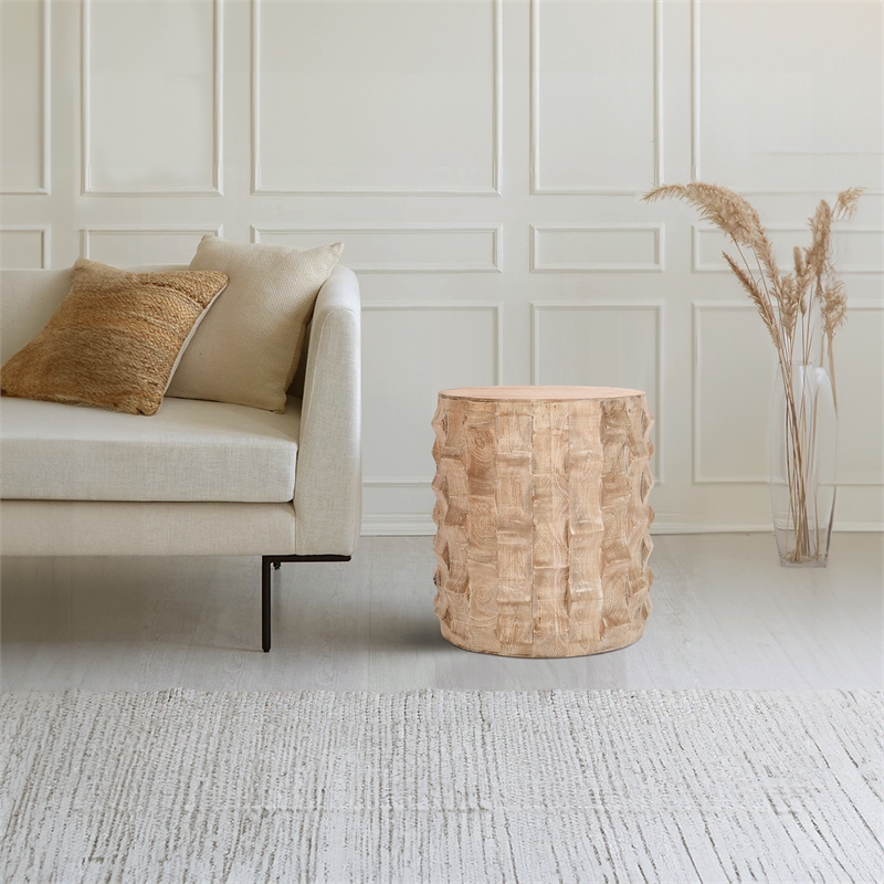 20 Inch Side End Table- Round Drum Shape with 3D Textured Design