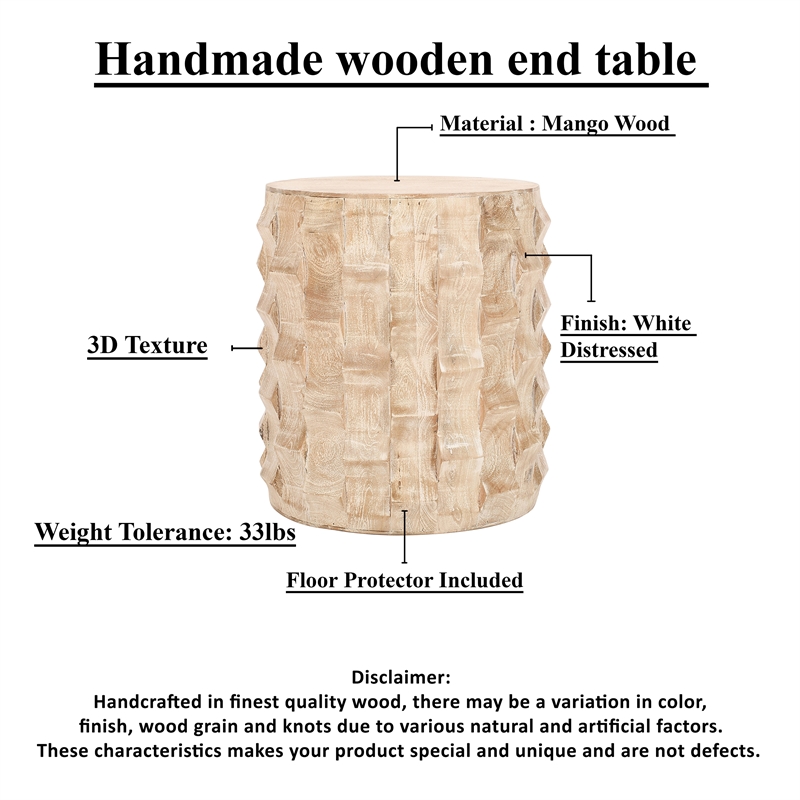 20 Inch Side End Table- Round Drum Shape with 3D Textured Design