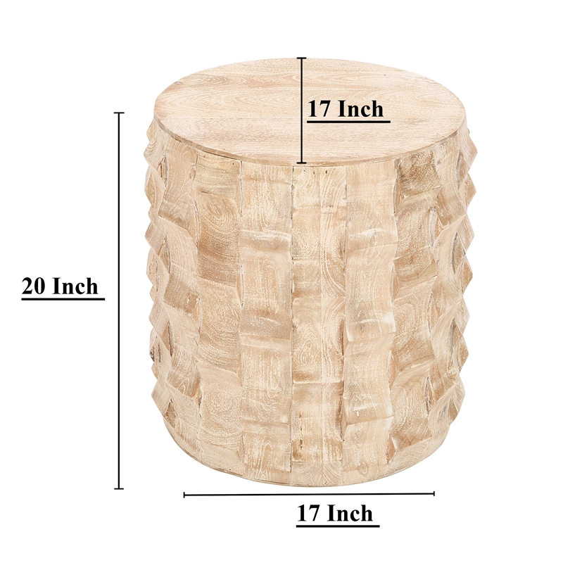20 Inch Side End Table- Round Drum Shape with 3D Textured Design