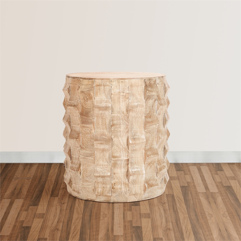 20 Inch Side End Table- Round Drum Shape with 3D Textured Design
