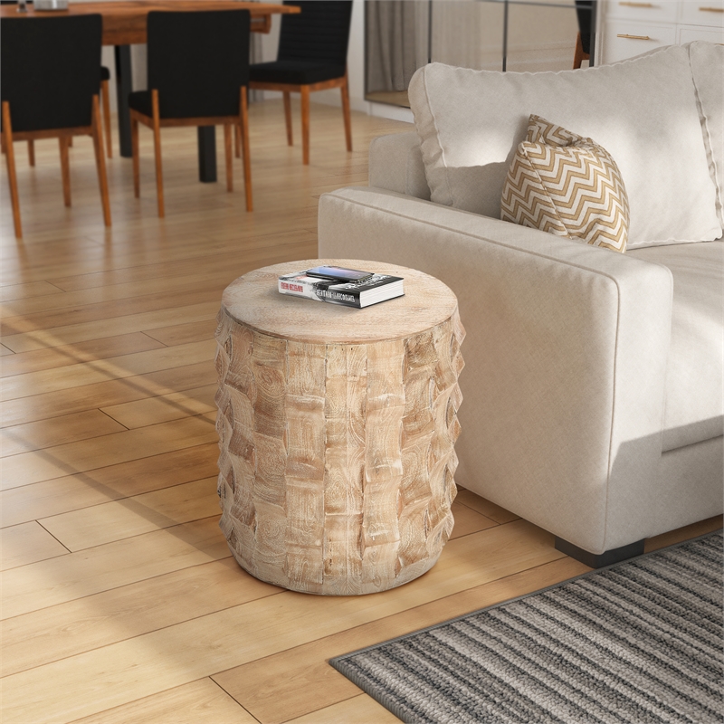 20 Inch Side End Table- Round Drum Shape with 3D Textured Design