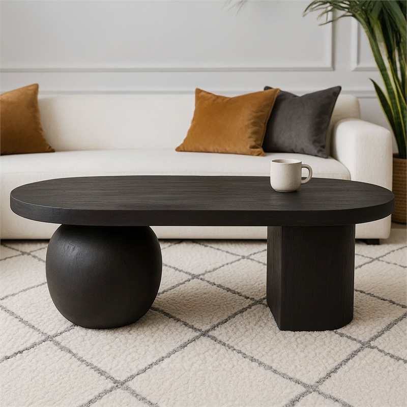 Uri 38 Inch Oval Coffee Table- Mango Wood Full and Half Spherical Leg