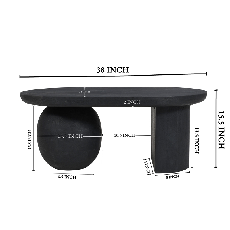 Uri 38 Inch Oval Coffee Table- Mango Wood Full and Half Spherical Leg