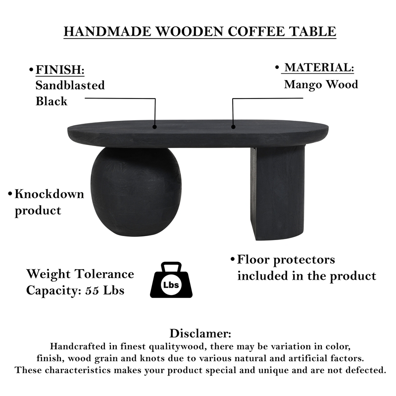 Uri 38 Inch Oval Coffee Table- Mango Wood Full and Half Spherical Leg