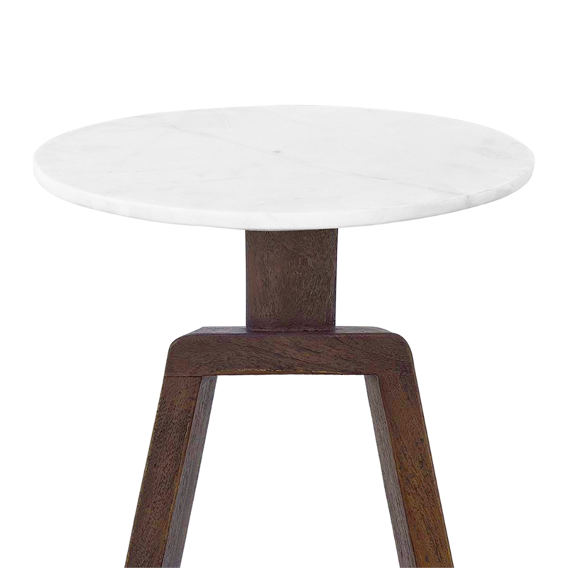 Port Blair Side End Table- Round Genuine Marble Top- Mango Wood 16.5 Inch