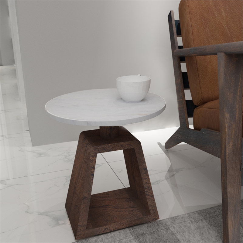 Port Blair Side End Table- Round Genuine Marble Top- Mango Wood 16.5 Inch