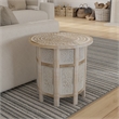 Accent Side Table- Mango Wood 18 Inch Round Top- Hand Carved Mandala Design