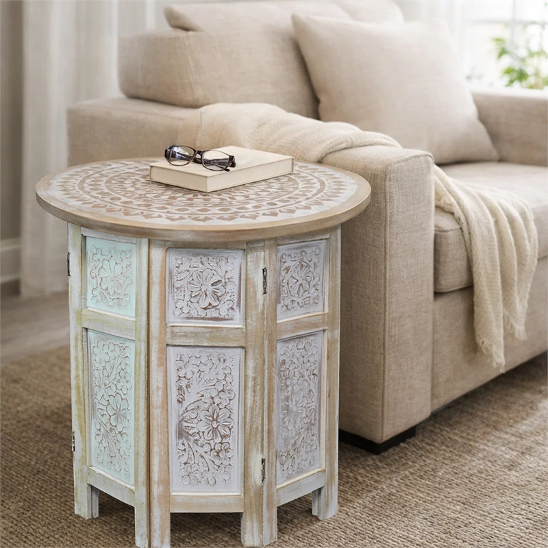 Accent Side Table- Mango Wood 18 Inch Round Top- Hand Carved Mandala Design