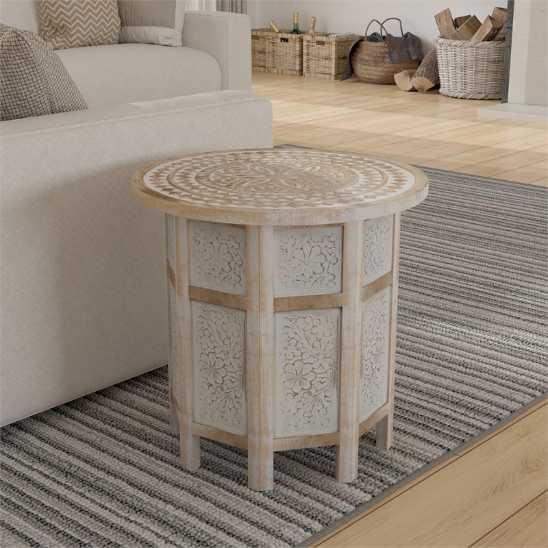 Accent Side Table- Mango Wood 18 Inch Round Top- Hand Carved Mandala Design