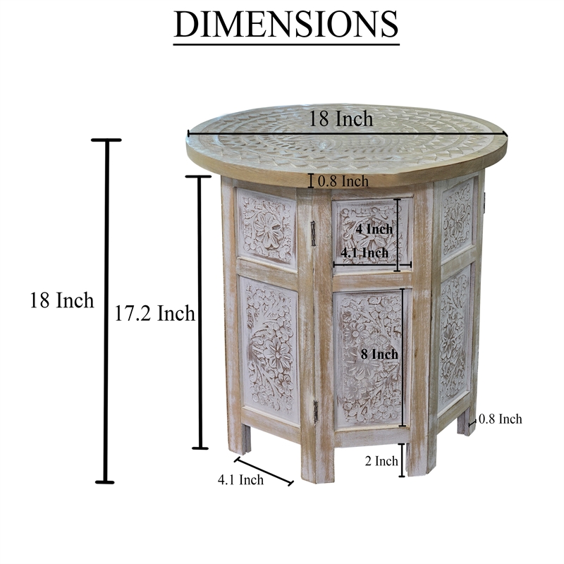 Accent Side Table- Mango Wood 18 Inch Round Top- Hand Carved Mandala Design