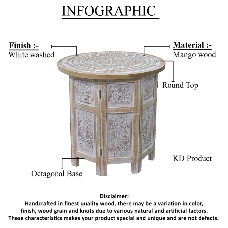 Accent Side Table- Mango Wood 18 Inch Round Top- Hand Carved Mandala Design