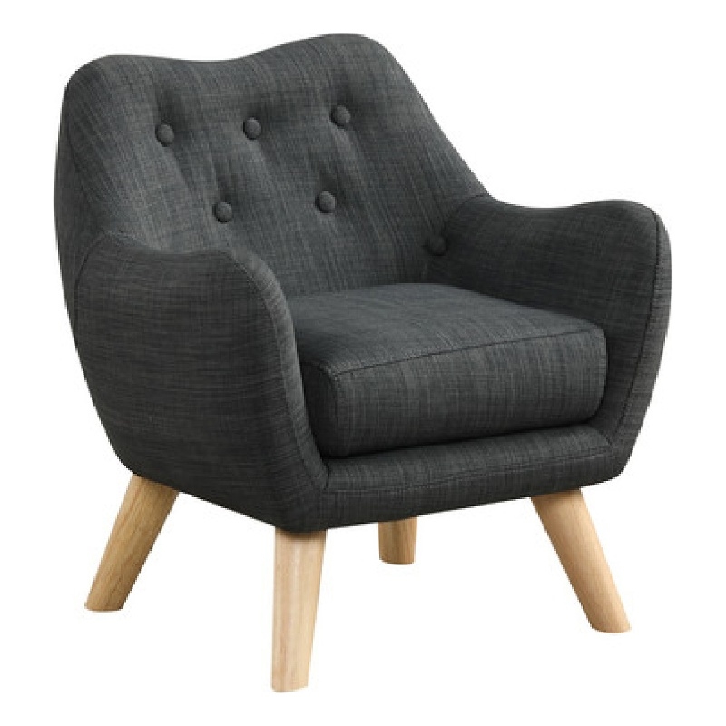 Binie Kids Chair with Wood Angled Legs- Gray Button Tufted Linen