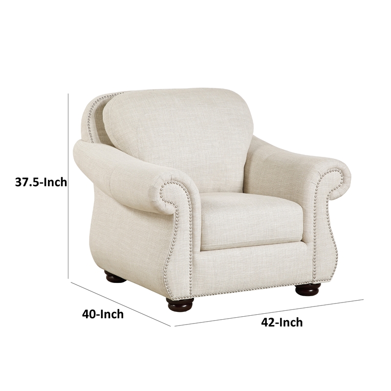 Boro 42 Inch Sofa Armchair- Soft Beige- Armrests w Nailhead Trims