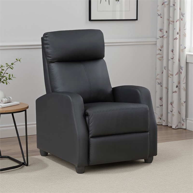 Recliner Chair- Manual Push Back- Black Faux Leather- 27 Inch