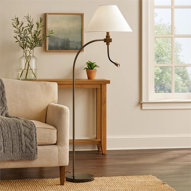 Ashy 68 Inch Floor Lamp- Gooseneck LED- White Shade- Brass Arc Pole