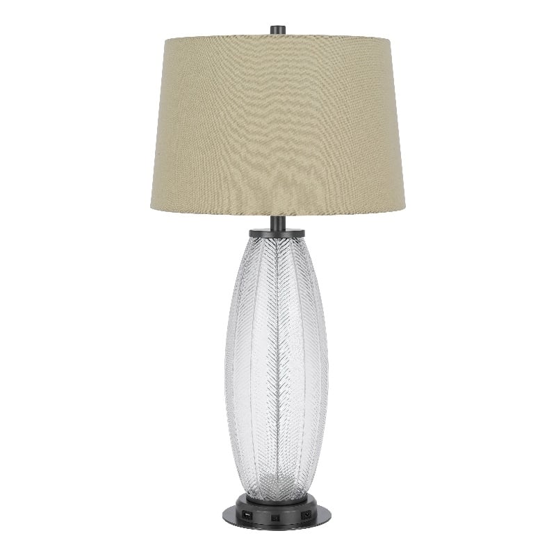 Leno 32 Inch Table Lamp- Leaf Pattern Clear Glass Base- Beige Shade