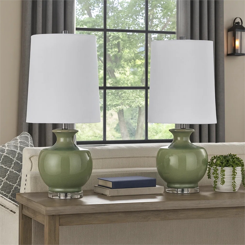 Kela 28 Inch Table Lamp Set of 2- Green Ceramic Pot Base- White Shade