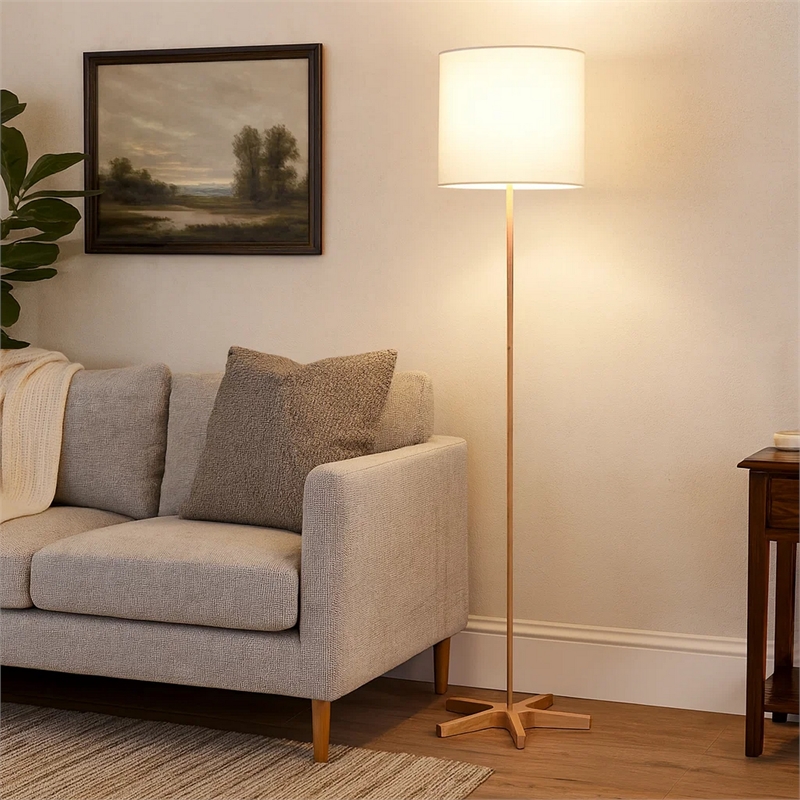 Plue 62 Inch Floor Lamp- Brown Pole w Star Wood Base- White Shade