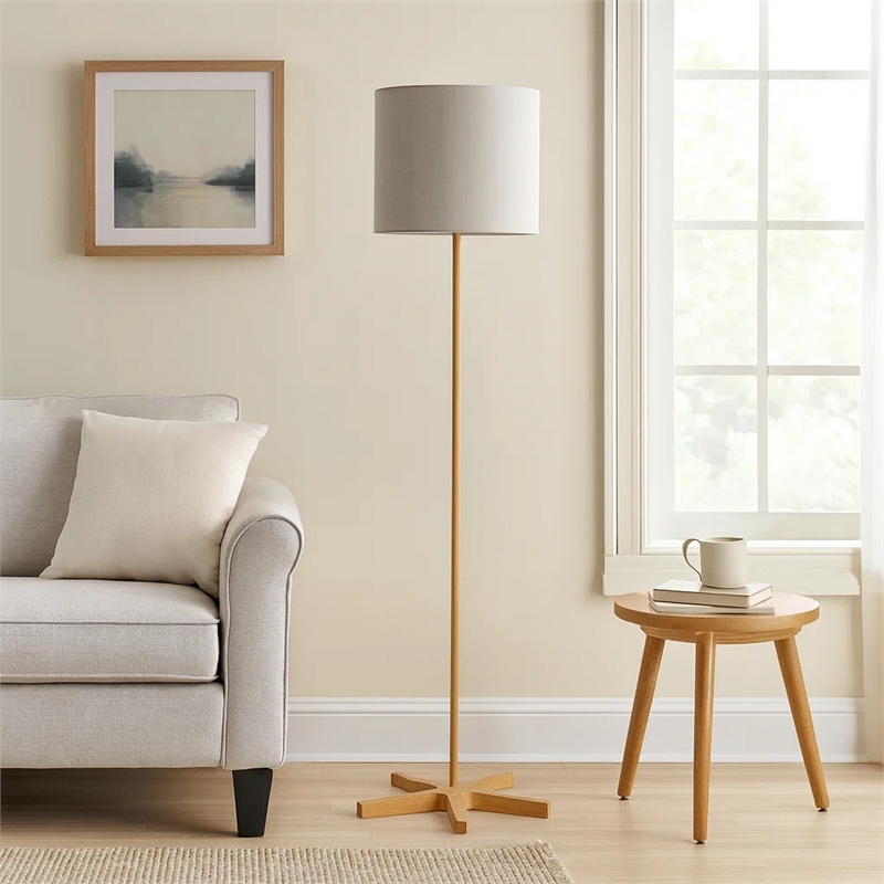 Plue 62 Inch Floor Lamp- Brown Pole w Star Wood Base- White Shade