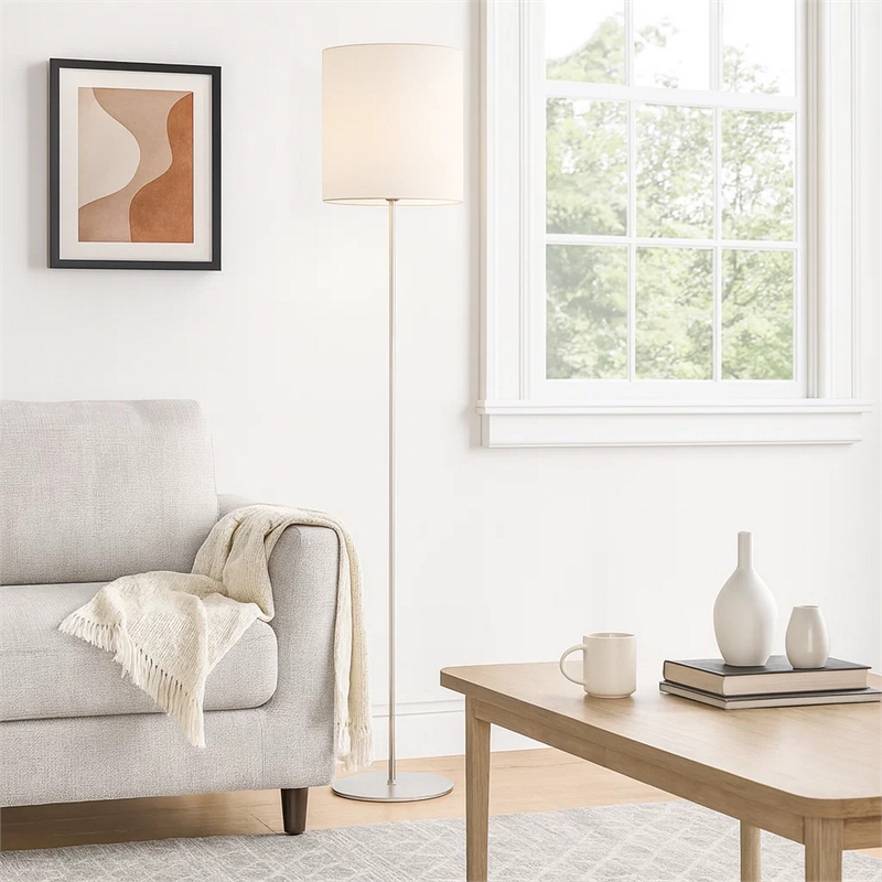 Plue 63 Inch Floor Lamp- Chrome Pole Round Base- Off White Drum Shade