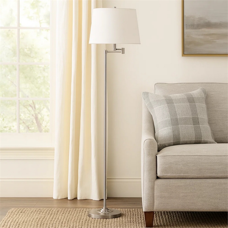 Tomi 63 Inch Floor Lamp- Double Swing Arm- Brushed Steel- White Shade