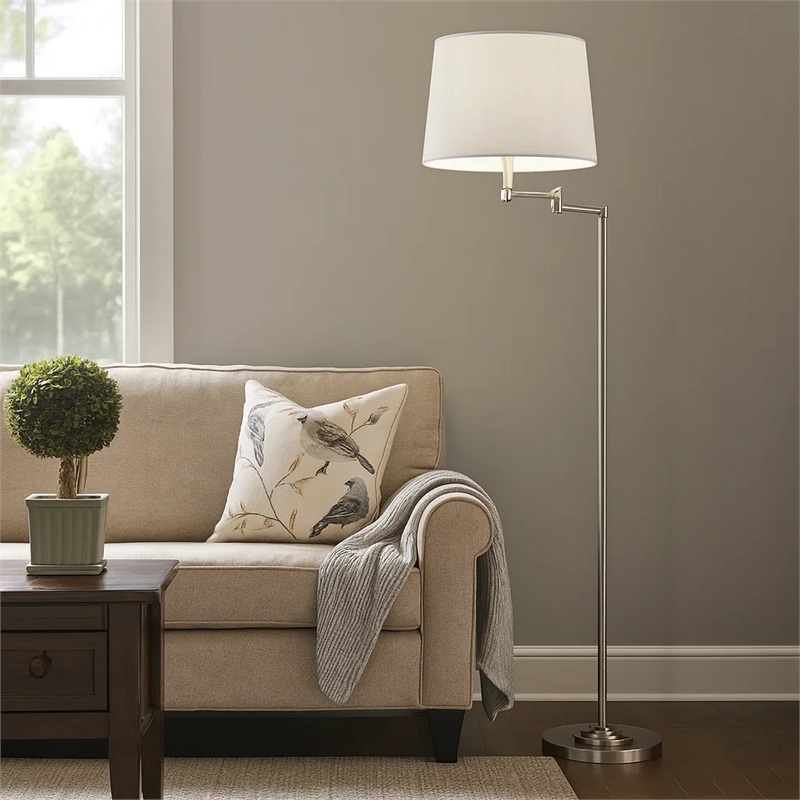 Tomi 63 Inch Floor Lamp- Double Swing Arm- Brushed Steel- White Shade