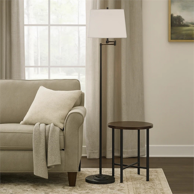 Tomi 63 Inch Floor Lamp- Double Swing Arm- Bronze Metal- White Shade